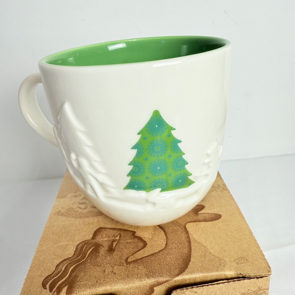 Starbucks Brown Embossed Trees Sledding Decorative Script Coffee Mug Box - Picture 4 of 12